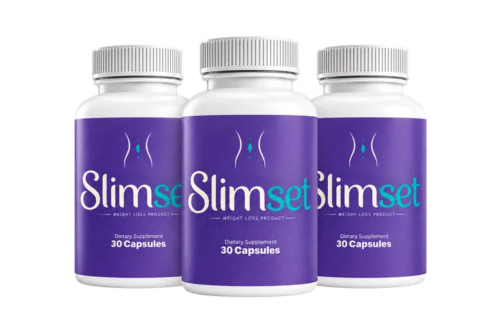 Three bottles of SlimSet weight loss capsules in purple packaging