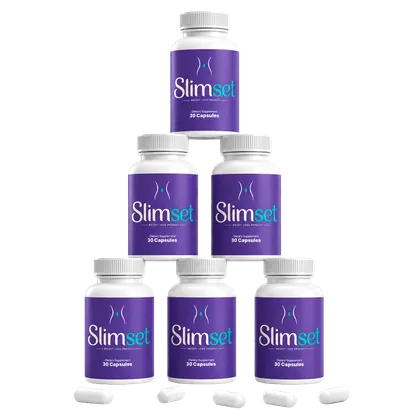 Six bottles of SlimSet stacked in a pyramid with capsules in front