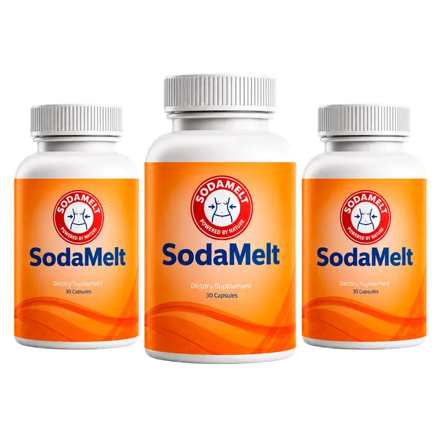 Three bottles of SodaMelt capsules in orange packaging