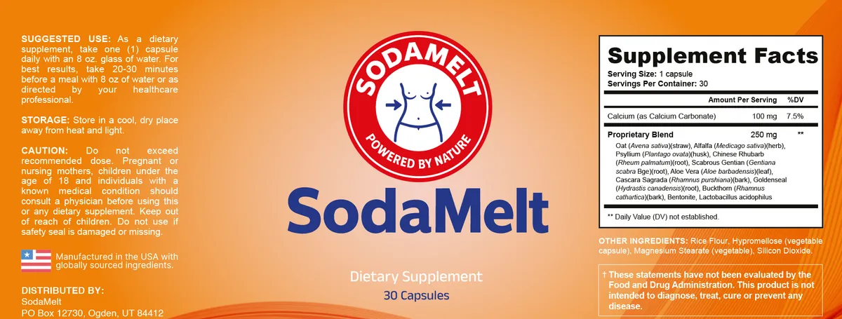 SodaMelt Supplement Facts label showing 100mg calcium and a 250mg proprietary blend of eleven ingredients
